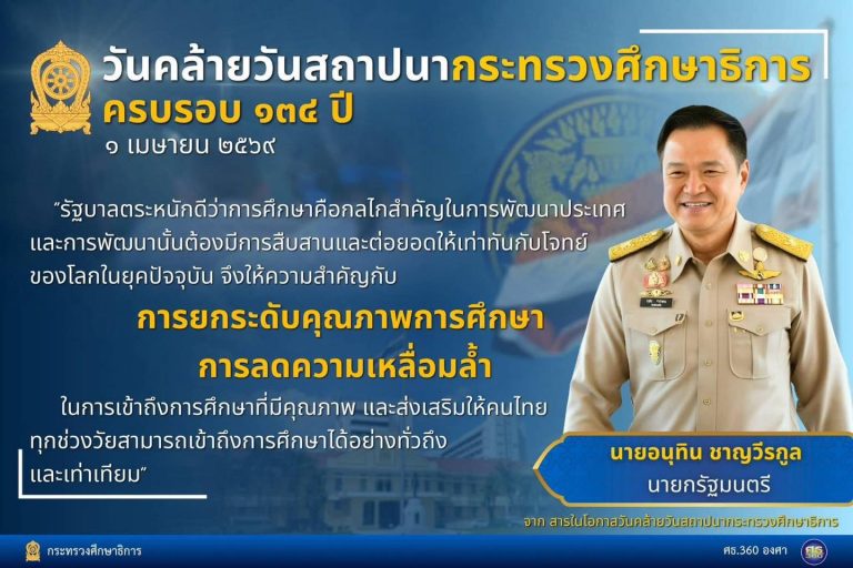 สาร นายอนุทิน ชาญวีรกูล นายกรัฐมนตรี ในโอกาสวันคล้ายวันสถาปนากระทรวงศึกษาธิการ ครบรอบ 134 ปี 1 เมษายน 2569