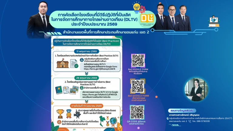 ขอเชิญชวนสมัครเข้ารับการคัดเลือกโรงเรียนที่มีวิธีปฏิบัติที่เป็นเลิศ (Best Practices) ในการจัดการศึกษาทางไกลผ่านดาวเทียม (DLTV) ประจำปีงบประมาณ พ.ศ. 2569