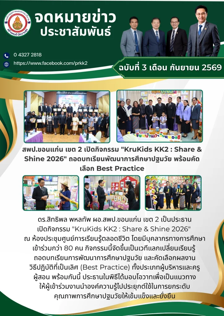 สพป.ขอนแก่น เขต 2 เปิดกิจกรรม “KruKids KK2 : Share & Shine 2026” ถอดบทเรียนพัฒนาการศึกษาปฐมวัย พร้อมคัดเลือก Best Practice