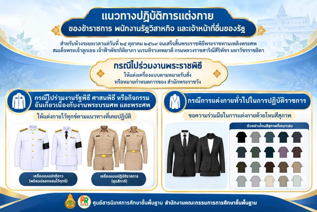 แนวทางปฏิบัติเรื่องการแต่งกายของข้าราชการ พนักงานรัฐวิสาหกิจ และเจ้าหน้าที่อื่นของรัฐ สำหรับห้วงระยะเวลาตั้งแต่วันที่ 25 ตุลาคม 2569 จนเสร็จสิ้นพระราชพิธีพระราชทานเพลิงพระศพ สมเด็จพระเจ้าลูกเธอ เจ้าฟ้าพัชรกิติยาภาฯ ดังนี้